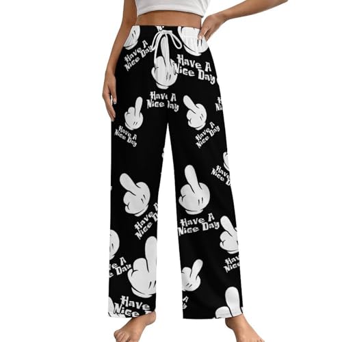 Lustige Pyjamahose mit Kordelzug „Have A Nice Day mit Mittelfinger, für Damen, Loungehose mit weitem Bein, lange Nachtwäsche von KWQDOZF