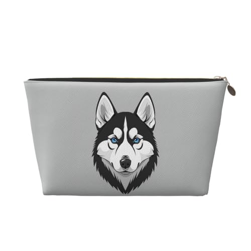 Lustiger Hundewelpe Siberian Husky Damen-Reise-Make-up-Tasche, Leder, Kosmetiktasche, Kulturbeutel mit Reißverschluss von KWQDOZF