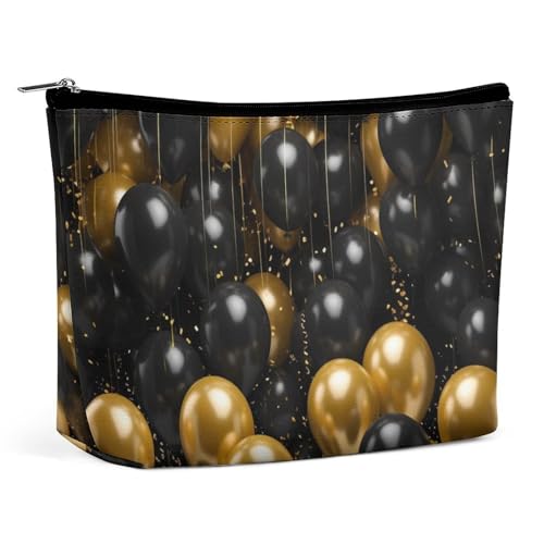 Make-up-Tasche, Reise-Kosmetiktasche, tragbar, mit schwarzen und goldenen Ballons, Kulturbeutel mit großer Kapazität, Reißverschlusstasche, Make-up-Organizer-Etui, wasserdichter Kulturbeutel für Damen von KWQDOZF