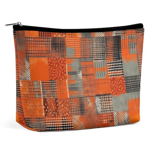 Make-up-Tasche, tragbare Kosmetiktasche, orangefarbene Gitterlinien, Kulturbeutel, Make-up-Organizer-Etui, Reißverschlusstasche, Reise-Kulturtasche für Frauen und Männer von KWQDOZF