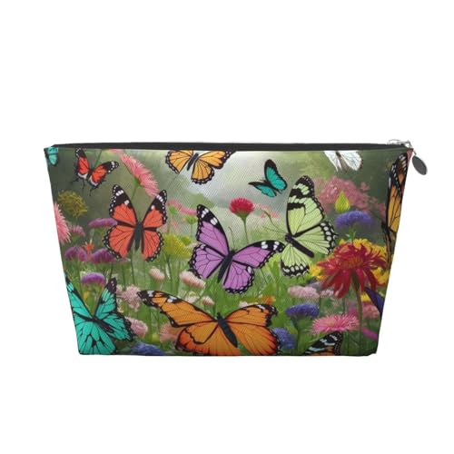 Make-up-Tasche für Damen mit Blumen- und Schmetterlings-Print, große Kapazität, Reise-Make-up-Tasche aus Leder, wasserdicht, Kulturbeutel, Rasierbeutel, Geldbörse von KWQDOZF