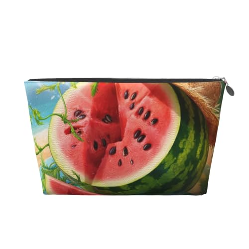 Make-up-Tasche für Damen mit Strohhut und Wassermelonen-Print, große Kapazität, Reise-Make-up-Tasche aus Leder, wasserdicht, Kulturbeutel, Rasierbeutel, Geldbörse, Silber von KWQDOZF