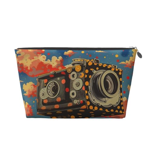 Make-up-Tasche für Damen mit blauem Himmel und weißen Wolken, Retro-Kamera, Bedruckt, große Kapazität, Reise-Make-up-Tasche, wasserdichte Kulturtasche aus Leder, Rasierbeutel von KWQDOZF