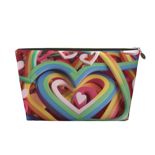 Make-up-Tasche für Damen mit farbenfrohem Herzlinien-Print, große Kapazität, Reise-Make-up-Tasche aus Leder, wasserdicht, Kulturbeutel, Rasierbeutel, Geldbörse, Gold von KWQDOZF