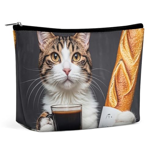 Make-up-Tasche mit Katzenbrot und Kaffeemotiv für Damen, tragbar, wasserdicht, ästhetisch, tragbar, für Reisen und Arbeit von KWQDOZF