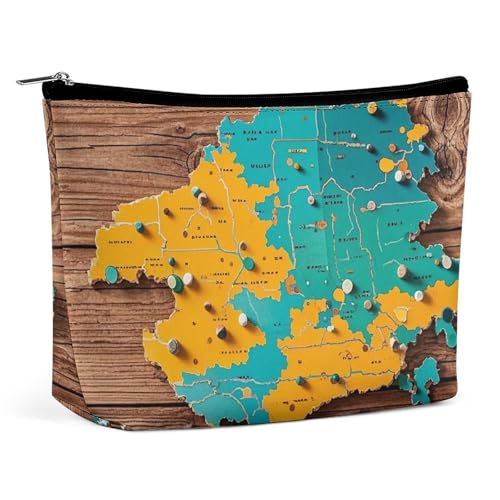 Make-up-Tasche mit Landkarte auf Holzhintergrund für Damen, tragbar, wasserdicht, ästhetisch, tragbar, für Reisen und Arbeit von KWQDOZF