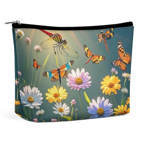 Make-up-Tasche mit Libellen- und Blumenmotiv, für Damen, tragbar, wasserdicht, ästhetisch, tragbar, für Reisen und Arbeit von KWQDOZF
