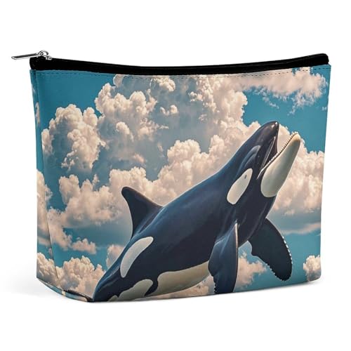 Make-up-Tasche mit Orcas im Himmel und Wolken für Frauen, tragbar, wasserdicht, ästhetisch, tragbar, für Reisen und Arbeit von KWQDOZF