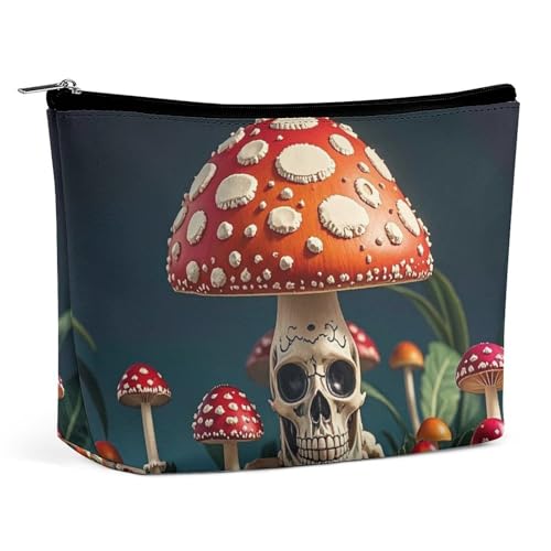 Make-up-Tasche mit Skelett-Mystery-Pilz-Motiv für Damen, tragbar, wasserdicht, ästhetisch, tragbar, für Reisen und Arbeit von KWQDOZF