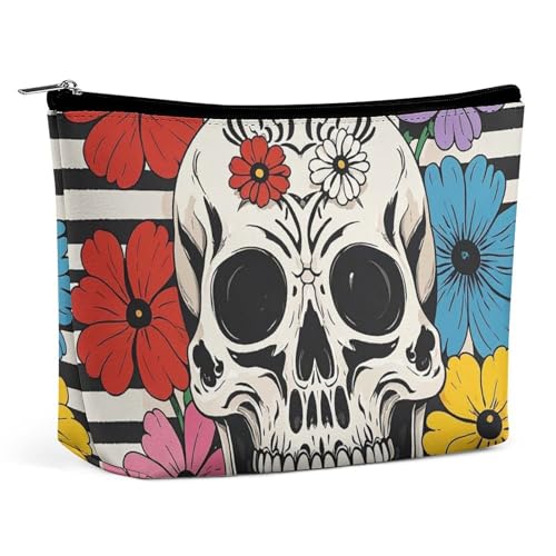 Make-up-Tasche mit Skelett- und Blumenmotiv, Schwarz-Weiß, für Damen, tragbar, wasserdicht, ästhetisch, tragbar, für Reisen und Arbeit von KWQDOZF