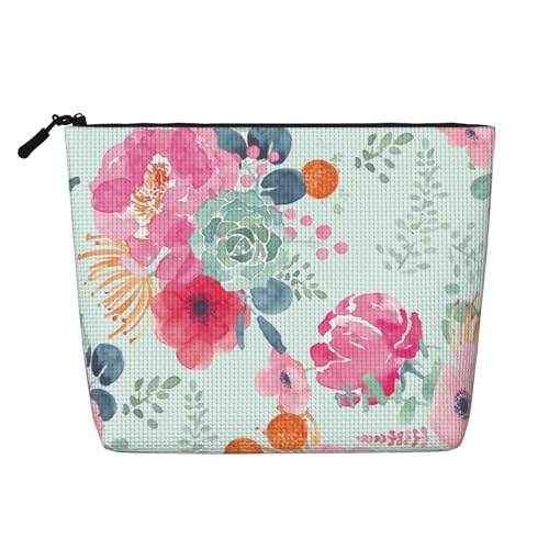 Make-up-Tasche mit rosa Blumen, großes Reisevolumen für Frauen, wasserdichte, einlagige, tragbare Kosmetiktasche aus Hanfimitat mit Reißverschluss, Kosmetik-Organizer-Tasche von KWQDOZF