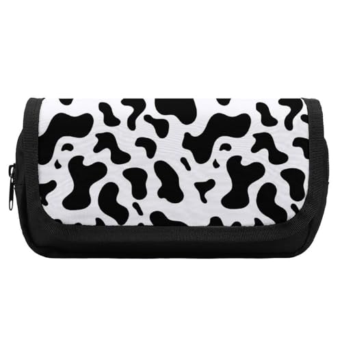 Multifunktionales Federmäppchen mit schwarz-weißem Kuh-Tierdruck für Männer und Frauen, Federmäppchen mit großer Kapazität fürs Büro, tragbare Reise-Make-up-Tasche mit Reißverschluss von KWQDOZF
