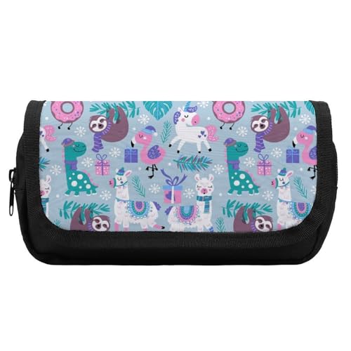 Multifunktionales Federmäppchen mit weihnachtlichem, süßem Tier-Dinosaurier-Lama-Faultier für Männer und Frauen, Federmäppchen mit großer Kapazität fürs Büro, tragbare Reise-Make-up-Tasche mit Reißver von KWQDOZF