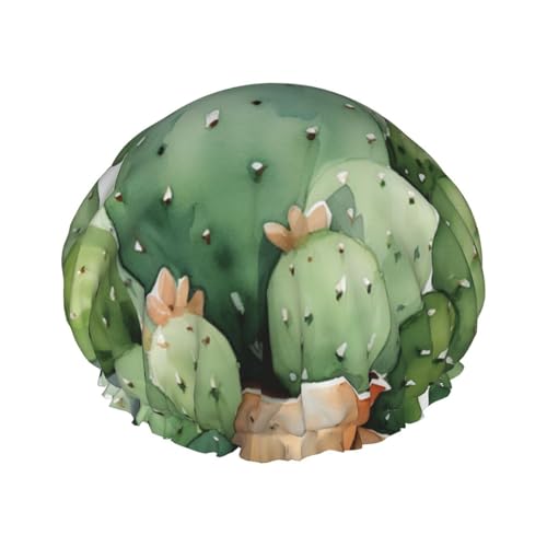 Niedliche Duschhaube mit Aquarell-Kaktus-Druck für Damen, doppellagig, wasserdicht, Badehaube, elastisch, wiederverwendbar, Duschhut, Haarschutz, Badehut für Spa-Salon, Baden, Damen von KWQDOZF