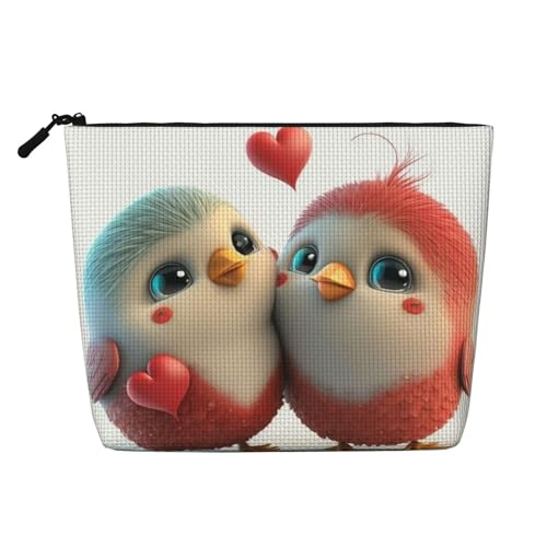 Niedliche Junge Vogel-Valentinstags-Reise-Make-up-Tasche mit großem Fassungsvermögen für Frauen, wasserdichte einlagige tragbare Kosmetiktasche aus Hanfimitat mit Reißverschluss von KWQDOZF