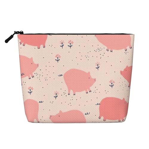 Niedliche Schweinchen-Reise-Make-up-Tasche mit großem Fassungsvermögen für Damen, wasserdichte, einlagige, tragbare Kosmetiktasche aus Hanfimitat mit Reißverschluss von KWQDOZF
