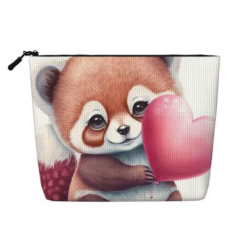 Niedliche kleine Panda-Liebesherz-Valentinstags-Reise-Make-up-Tasche mit großer Kapazität für Frauen, wasserdichte einlagige tragbare Kosmetiktasche aus Hanfimitat mit Reißverschluss von KWQDOZF