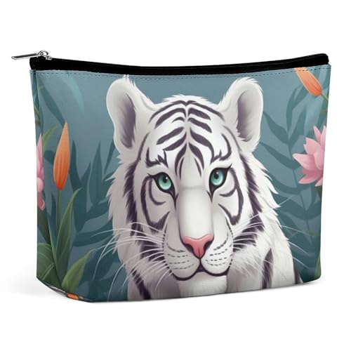 Niedliche weiße Tiger-Reise-Make-up-Tasche aus PU-Leder für Frauen, tragbare Handtasche mit Verschluss-Organizer von KWQDOZF