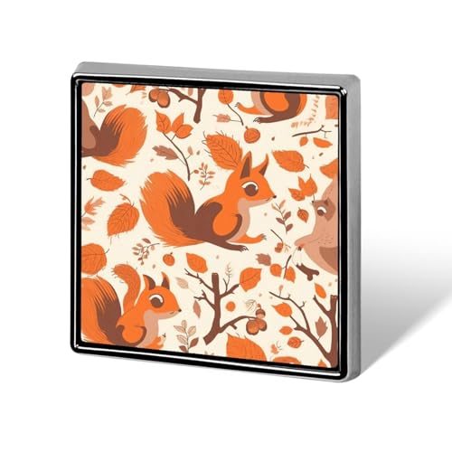 Quadratische Brosche aus Aluminiumlegierung, Herbst-Eichhörnchen-Revers, modische Anstecker, Dekoration für Männer und Frauen, Rucksäcke, Kleidung, Jacken, Geschenk von KWQDOZF