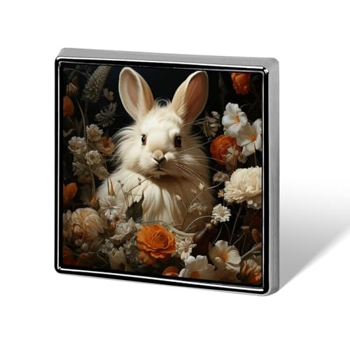 Quadratische Brosche aus Aluminiumlegierung mit Kaninchen- und Blumenmotiv, modische Anstecknadeln, Dekoration für Männer und Frauen, Rucksäcke, Kleidung, Jacken, Geschenk von KWQDOZF