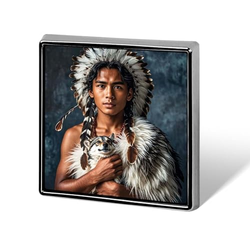 Quadratische Brosche aus Aluminiumlegierung mit Motiv „Indigene Völker und Wölfe, modische Anstecknadeln, Dekoration für Männer und Frauen, Rucksäcke, Kleidung, Jacken, Geschenk von KWQDOZF