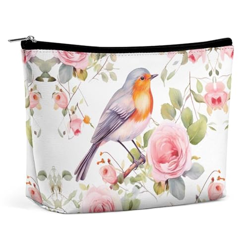 Reise-Kosmetiktasche, Blumendruck, Aquarell, Rotkehlchen-Vogel-Druck, tragbare Kosmetik-Reisetasche, einfache Kosmetiktasche, Kosmetiktasche für Geldbörse von KWQDOZF