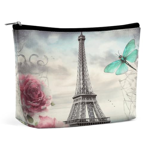 Reise-Kosmetiktasche, Libellen-Französischer Turm-Druck, tragbare Kosmetik-Reisetasche, einfache Kosmetiktasche, Kosmetiktasche für Geldbörse von KWQDOZF