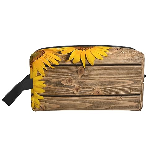 Reise-Kulturbeutel mit Sonnenblumen-Holz-Hintergrund, große Kapazität, Reise-Make-up-Tasche, tragbarer Kosmetik-Organizer, Aufbewahrungstasche für Damen und Herren von KWQDOZF