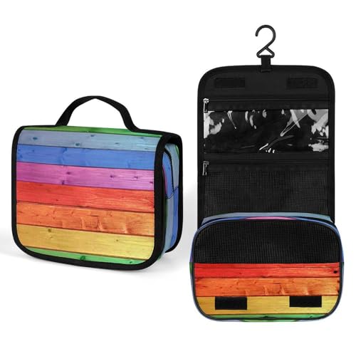Reise-Kulturtasche aus rustikalem altem Scheunenholz mit Regenbogen-Motiv, vollständig bedruckt, Wasch- und Make-up-Tasche, tragbarer Kosmetik-Organizer mit Haken, Handtasche, 22,5 x 18,5 cm, Stil 202 von KWQDOZF