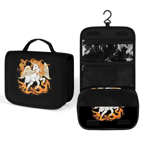 Reise-Kulturtasche mit Aufdruck „Unicorn on Fire – tragbarer Kosmetik-Organizer mit Haken, Handtasche von KWQDOZF