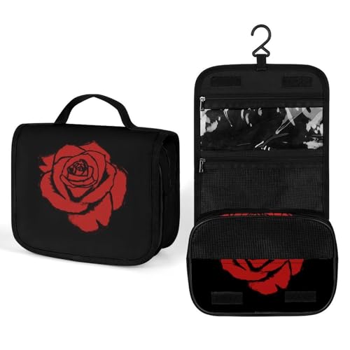 Reise-Kulturtasche mit rotem Rosen-Print, Wasch- und Make-up-Tasche, tragbarer Kosmetik-Organizer mit Haken, Handtasche von KWQDOZF