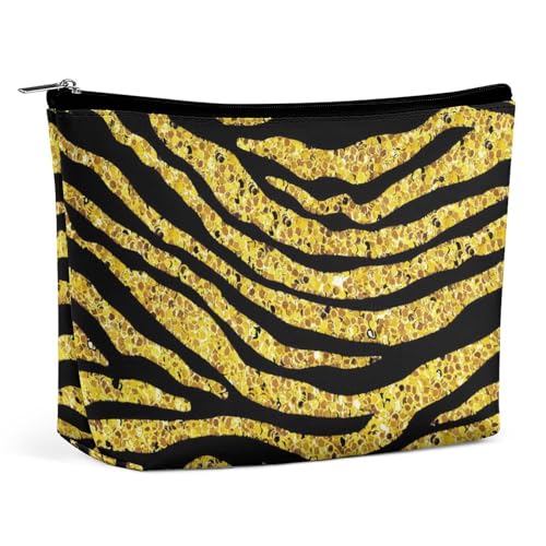 Reise-Make-up-Tasche, Kosmetiktasche mit großem Fassungsvermögen und goldenem Glitzer für Tierhaut und Tigerstreifen-Print für Damen, wasserdichte tragbare Make-up-Tasche mit Reißverschluss, Aufbewahr von KWQDOZF