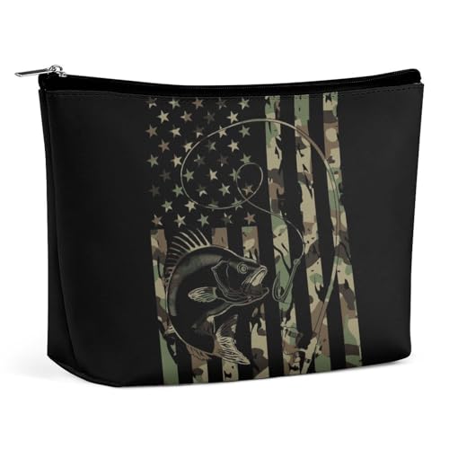 Reise-Make-up-Tasche, große Kapazität, Bass Fishing, Camouflage, amerikanische Flagge, Jagd, schwarze Kosmetiktaschen für Frauen, wasserdichte Reißverschlusstasche aus PU-Leder, tragbare Kosmetik-Make von KWQDOZF