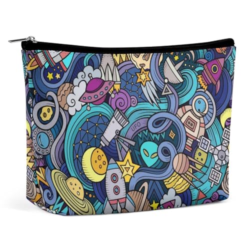 Reise-Make-up-Tasche, große Kapazität, Cartoon-Kritzeleien, Weltraumrakete, UFO, Alien-Kunst, Kosmetiktaschen für Frauen, wasserdichte tragbare Make-up-Tasche mit Reißverschluss, Aufbewahrungstasche f von KWQDOZF