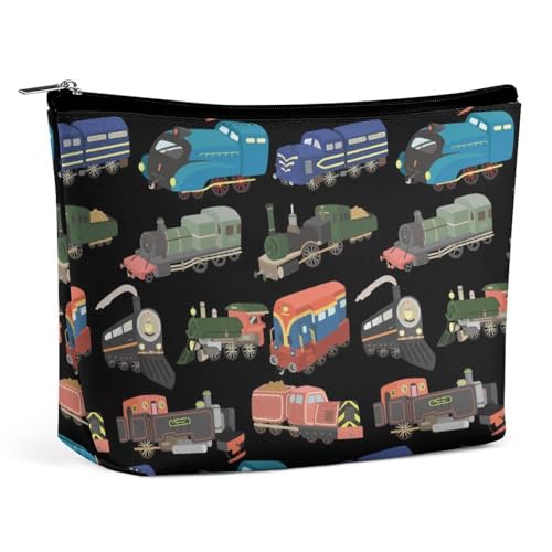 Reise-Make-up-Tasche, große Kapazität, Cartoon-Zug, Schwarze Kosmetiktaschen für Frauen, wasserdichte Reißverschlusstasche aus PU-Leder, tragbare Kosmetik-Make-up-Tasche von KWQDOZF