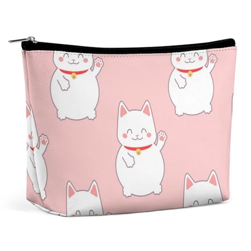 Reise-Make-up-Tasche, große Kapazität, japanische Glückskatze, lustige fette Katzen, rosa Kosmetiktaschen für Frauen, wasserdichte Reißverschlusstasche aus PU-Leder, tragbare Kosmetik-Make-up-Tasche von KWQDOZF