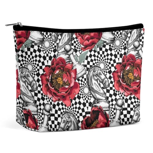 Reise-Make-up-Tasche, große Kapazität, rote Pfingstrosenblüten, schwarz-weißes Schachbrett, kariertes Pferd, Blumen-Kosmetiktasche für Damen, wasserdichte tragbare Kulturtasche, ästhetisches Design, E Reise-Make-up-Tasche, große Kapazität, rote Pfingstrosenblüten, schwarz-weißes Schachbrett, kariertes Pferd, Blumen-Kosmetiktasche für Damen, wasserdichte tragbare Kulturtasche, ästhetisches Design, E von KWQDOZF