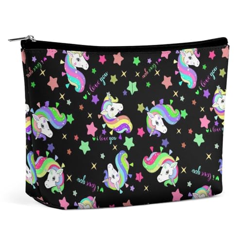 Reise-Make-up-Tasche, große Kapazität, süße Einhorn-Stern-Kosmetiktaschen in Schwarz für Frauen, wasserdichte Reißverschlusstasche aus PU-Leder, tragbare Kosmetik-Make-up-Tasche von KWQDOZF
