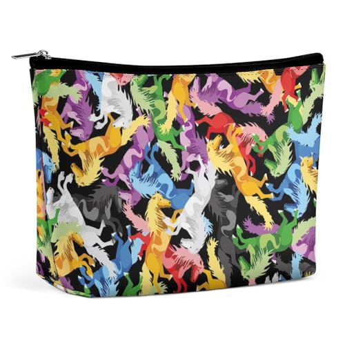Reise-Make-up-Tasche, große Schwarze Kosmetiktaschen mit bunten Pferden für Frauen, wasserdichte Reißverschlusstasche aus PU-Leder, tragbare Kosmetik-Make-up-Tasche von KWQDOZF