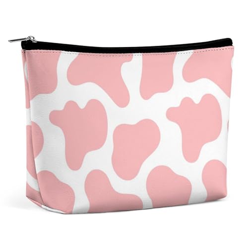 Reise-Make-up-Tasche, große wasserdichte Kosmetiktasche mit süßem rosa Erdbeer-Kuh-Print, personalisierte Aufbewahrungstasche für Accessoires, ästhetisches Design, Einkaufstasche für Damen von KWQDOZF