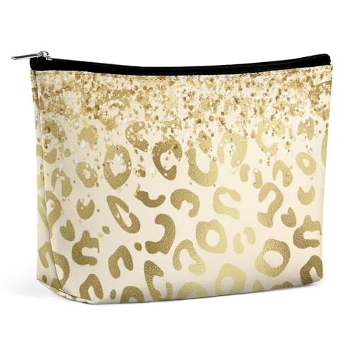 Reise-Make-up-Tasche, tragbare Kosmetiktasche, wasserdichte Make-up-Tasche mit großem Fassungsvermögen, Reißverschlusstasche für Reiseutensilien für Frauen, Goldglitzermuster mit Geparden-Leoparden-Pr von KWQDOZF