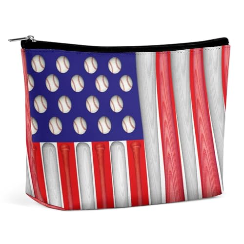 Reise-Make-up-Tasche, tragbare Kosmetiktasche mit Baseball-Sport-Amerikanische Flagge, Make-up-Tasche aus PU-Leder mit großer Kapazität, wasserdichte Kulturtasche für Frauen von KWQDOZF