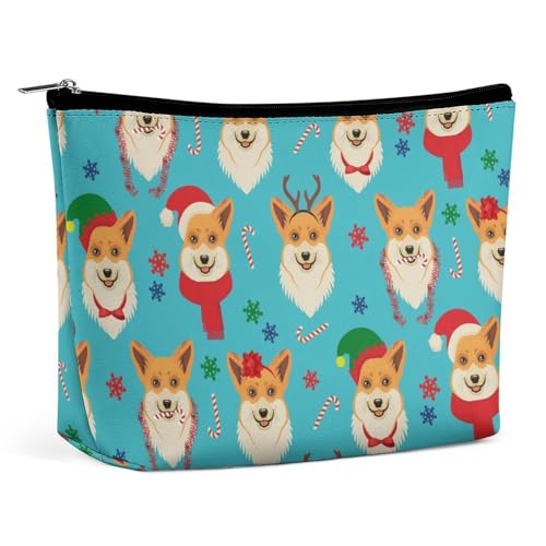 Reise-Make-up-Tasche, tragbare wasserdichte Kosmetiktasche mit Weihnachts-Corgi-Hund in Blau, Make-up-Tasche aus PU-Leder mit großer Kapazität, Einkaufstasche für Damen mit ästhetischem Design von KWQDOZF
