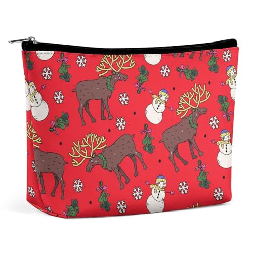 Reise-Make-up-Tasche, tragbare wasserdichte Kosmetiktasche mit Weihnachts-Rotwild-Schneemann, Make-up-Tasche mit großer Kapazität aus PU-Leder, Kulturbeutel mit Reißverschluss für Damen von KWQDOZF