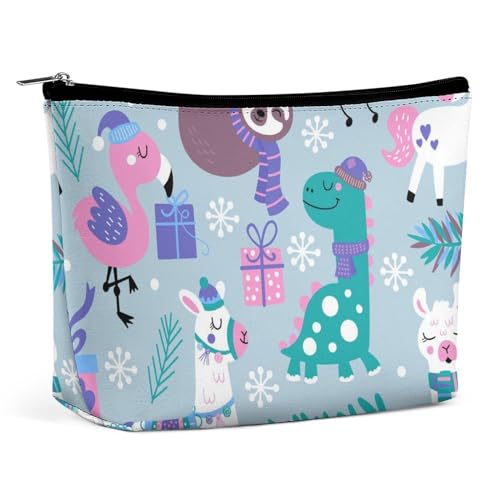 Reise-Make-up-Tasche, tragbare wasserdichte Kosmetiktasche mit Weihnachtstieren, Lama, Faultier, Dinosaurier, PU-Leder, große Kapazität, Kulturbeutel mit Reißverschluss für Damen von KWQDOZF