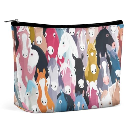 Reise-Make-up-Tasche, tragbare wasserdichte Kosmetiktasche mit bunten Cartoon-Pferden, Make-up-Tasche mit großem Fassungsvermögen aus PU-Leder, personalisierte Reißverschlusstasche für Frauen von KWQDOZF