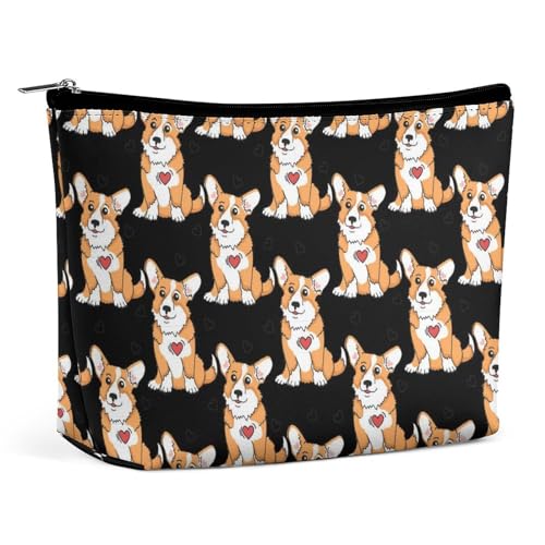 Reise-Make-up-Tasche, tragbare wasserdichte Kosmetiktasche mit süßem, lustigem Hundewelpen, walisischem Corgi, Make-up-Tasche mit großem Fassungsvermögen aus PU-Leder, Einkaufstasche für Damen mit äst von KWQDOZF
