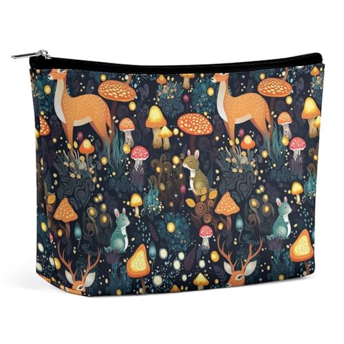 Reise-Make-up-Tasche, wasserdichte Kosmetiktasche mit großem Fassungsvermögen, Wildtiere, Hirsch, Kaninchen, Zauberpilze, personalisierte Aufbewahrungstasche für Accessoires, Einkaufstasche für Damen von KWQDOZF