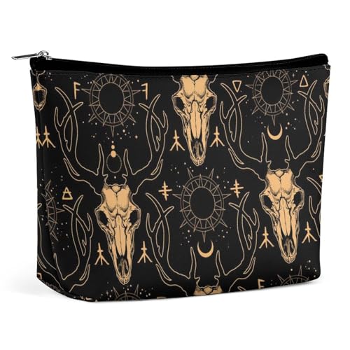 Reise-Make-up-Tasche, wasserdichte Kosmetiktasche mit großem Fassungsvermögen, tragbare Reißverschlusstasche, Kulturbeutel aus PU-Leder für Damen, Sonne, Mond, Goth, Jagd, Camo, Hirschschädel von KWQDOZF