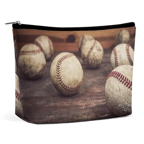 Reise-Make-up-Tasche, wasserdichte Kosmetiktasche mit großer Kapazität, tragbare Reißverschlusstasche, Kulturbeutel aus PU-Leder für Damen, Alter Vintage-Baseball von KWQDOZF